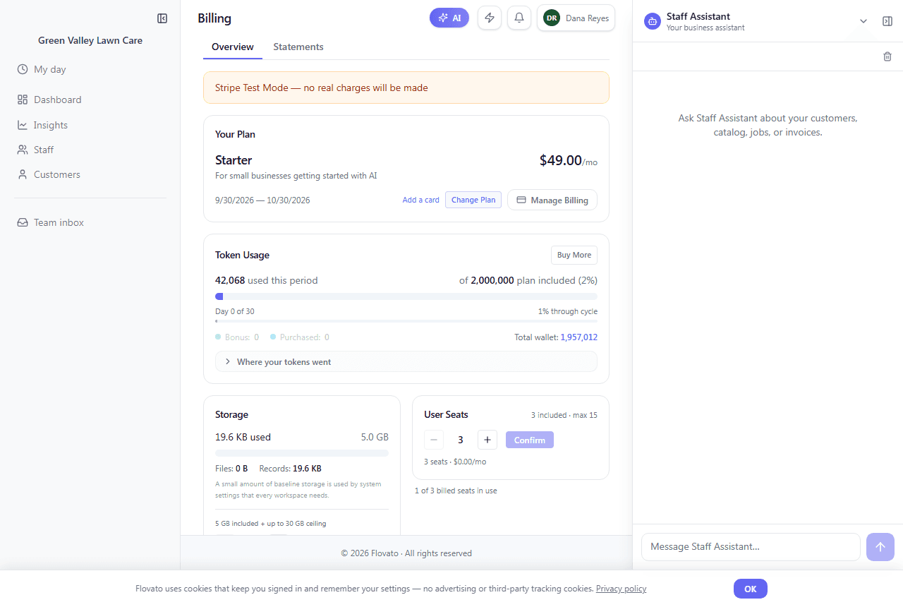 The billing page showing the Starter plan at $49.00/mo, the billing period, token usage, and included resources
