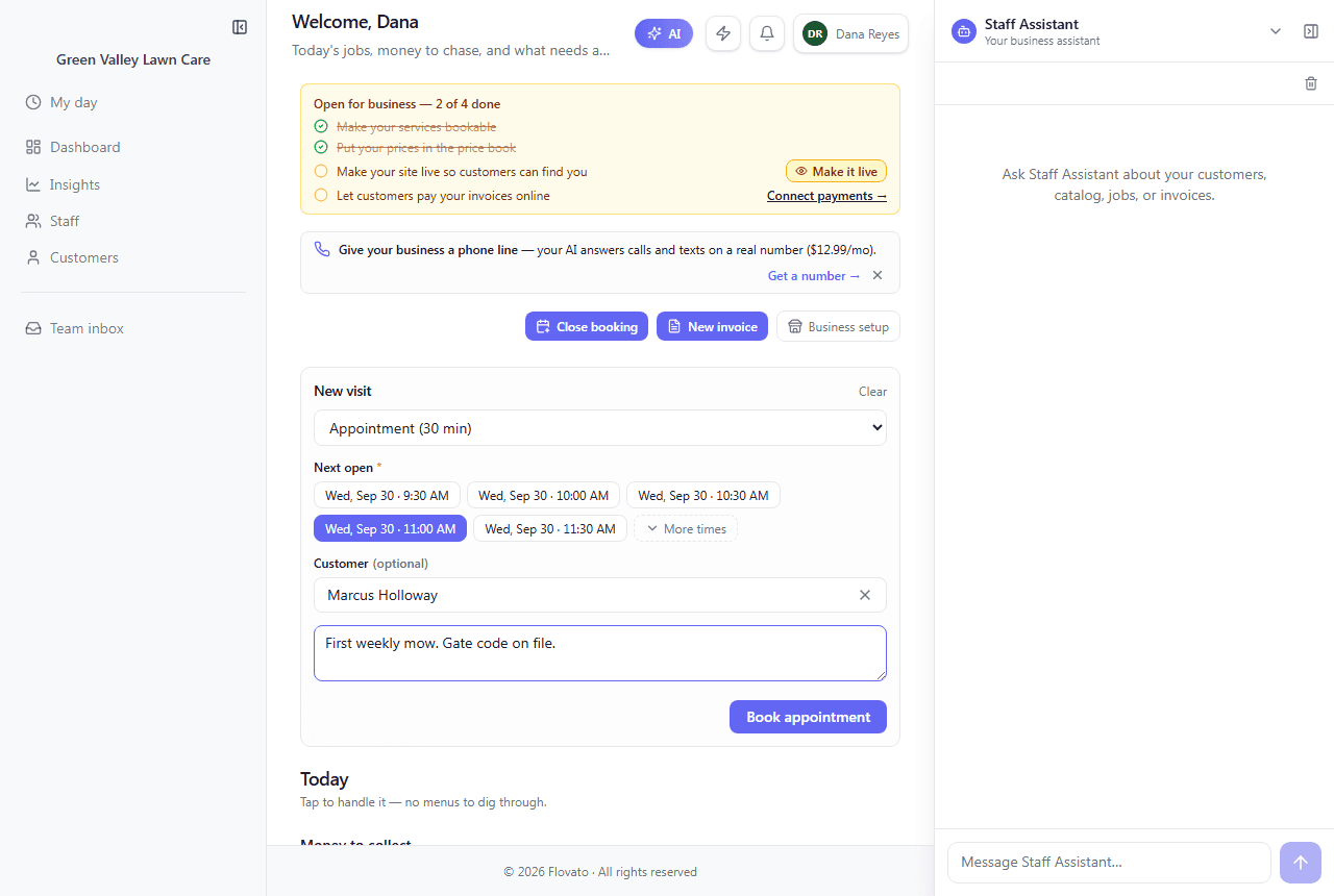 The New visit form on the dashboard with the Appointment type, a list of next open times, Marcus Holloway chosen as the customer, and a staff note