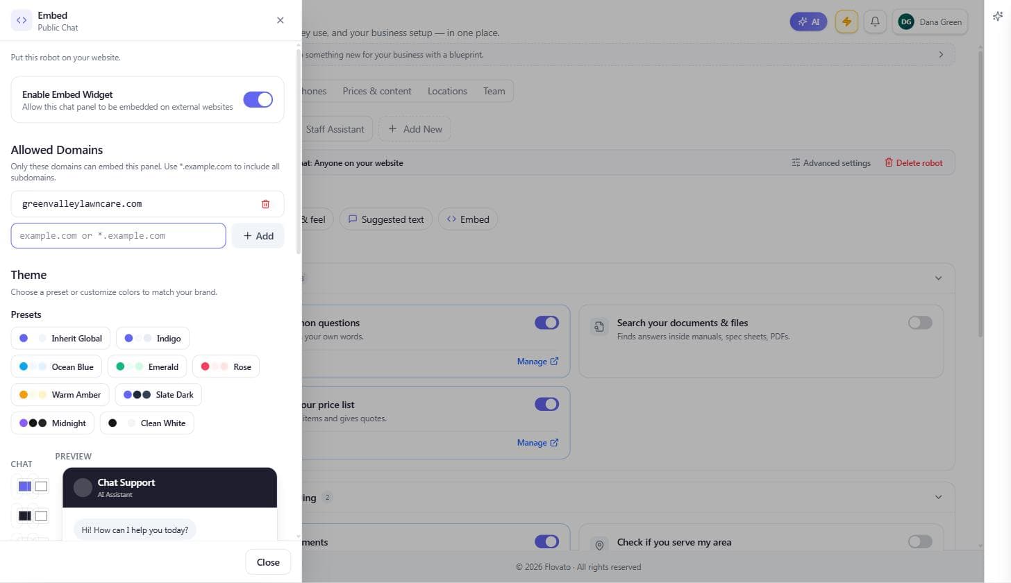 The Embed drawer for Public Chat with the widget enabled, greenvalleylawncare.com in the Allowed Domains list, and theme presets with a live preview
