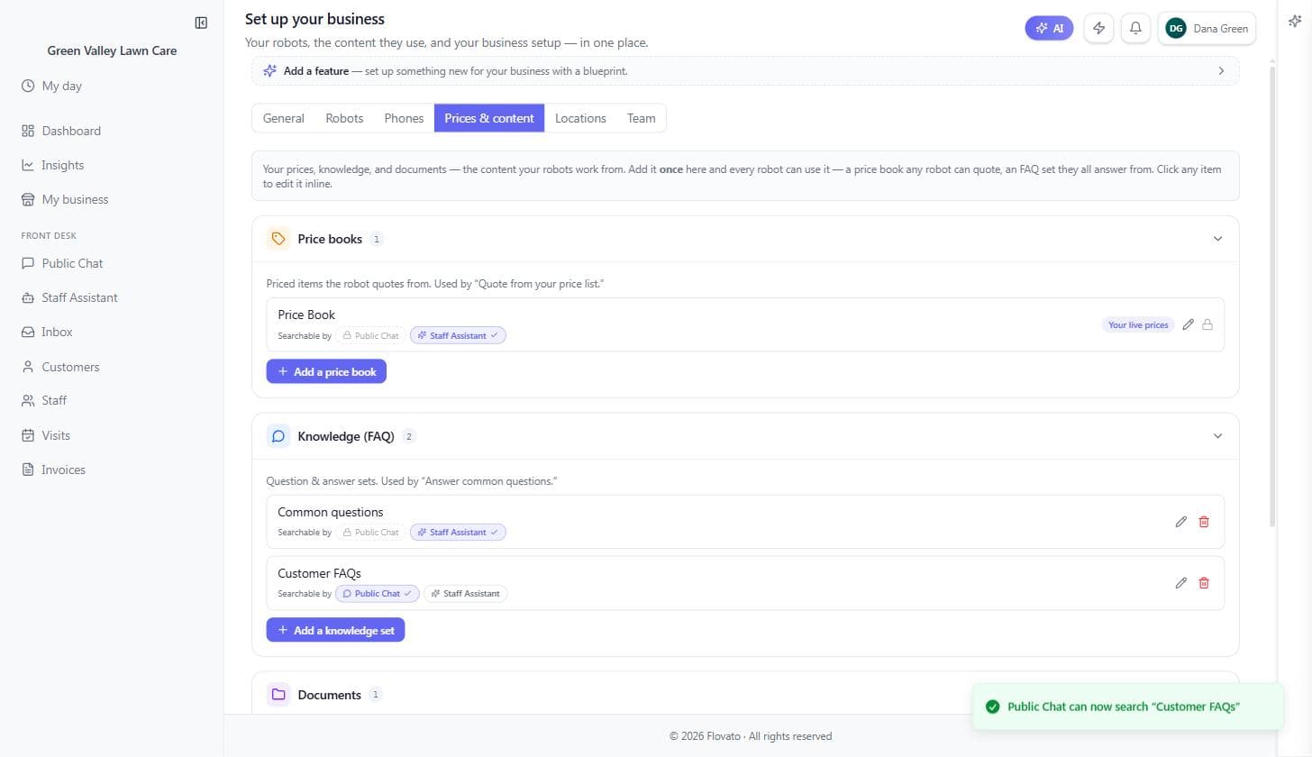The Knowledge section with Customer FAQs granted to Public Chat — checked pill and confirmation toast — while the private Common questions set above shows a locked Public Chat pill