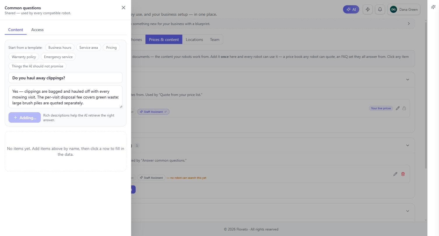 The knowledge set editor with template chips, an item name asking about hauling clippings, and a full rich-text answer being added