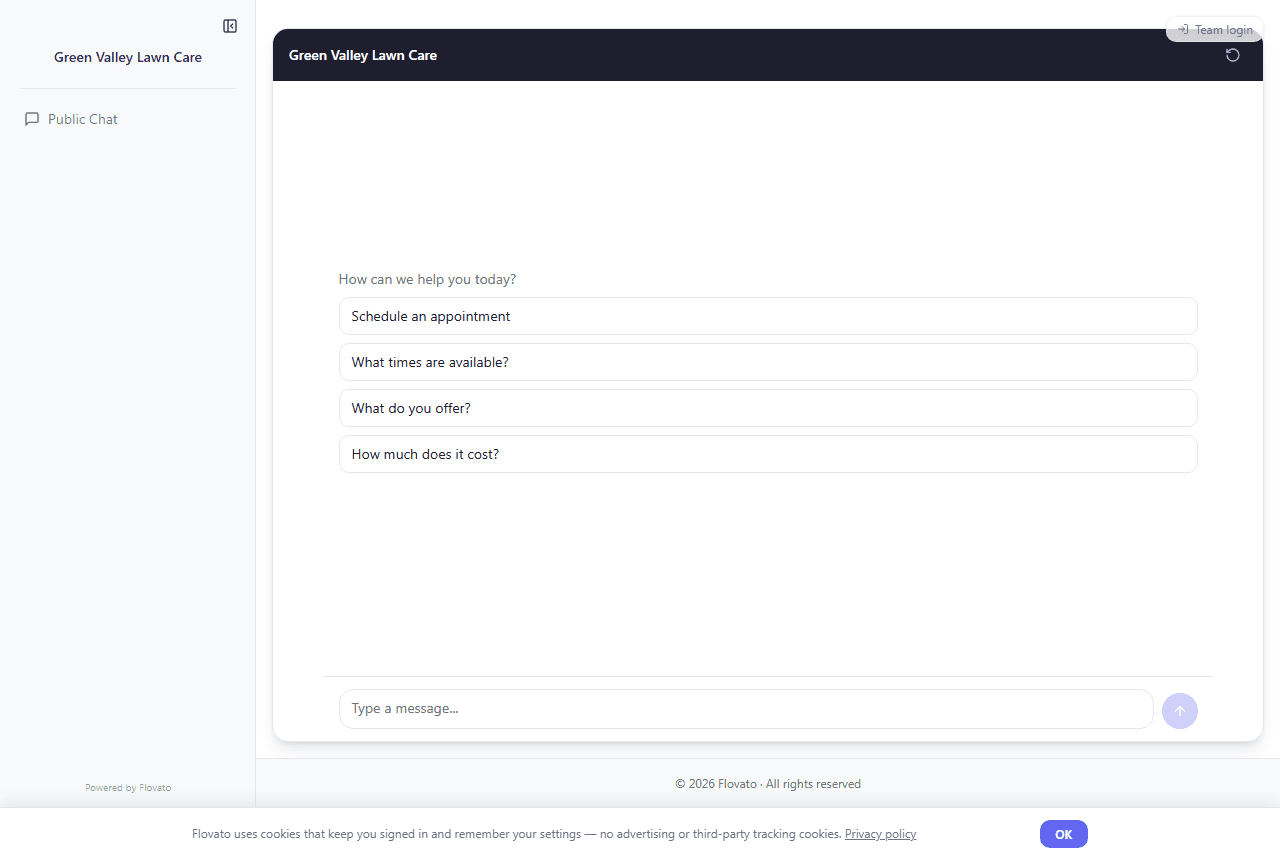 Green Valley's public chat welcome screen with Schedule an appointment, What times are available, What do you offer and How much does it cost buttons