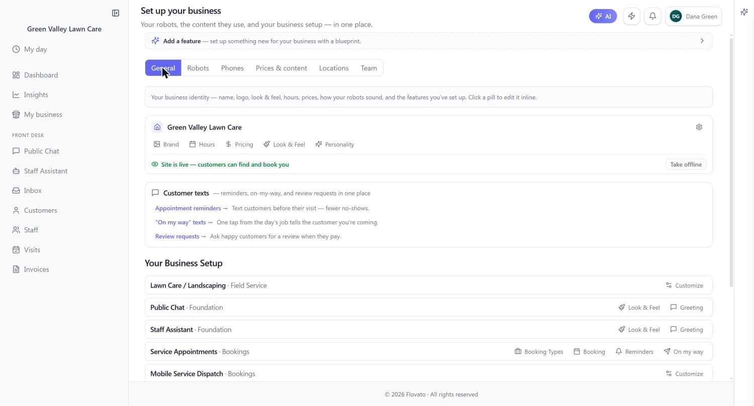My business General tab after going live, showing the green 'Site is live — customers can find and book you' status with a Take offline button