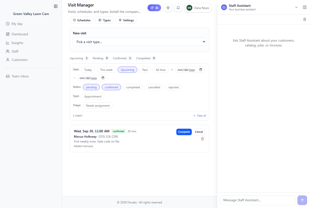 The Visit Manager with Upcoming, Pending, Confirmed and Completed counts, filters, and Marcus Holloway's confirmed 11:00 AM visit with Complete and Cancel buttons