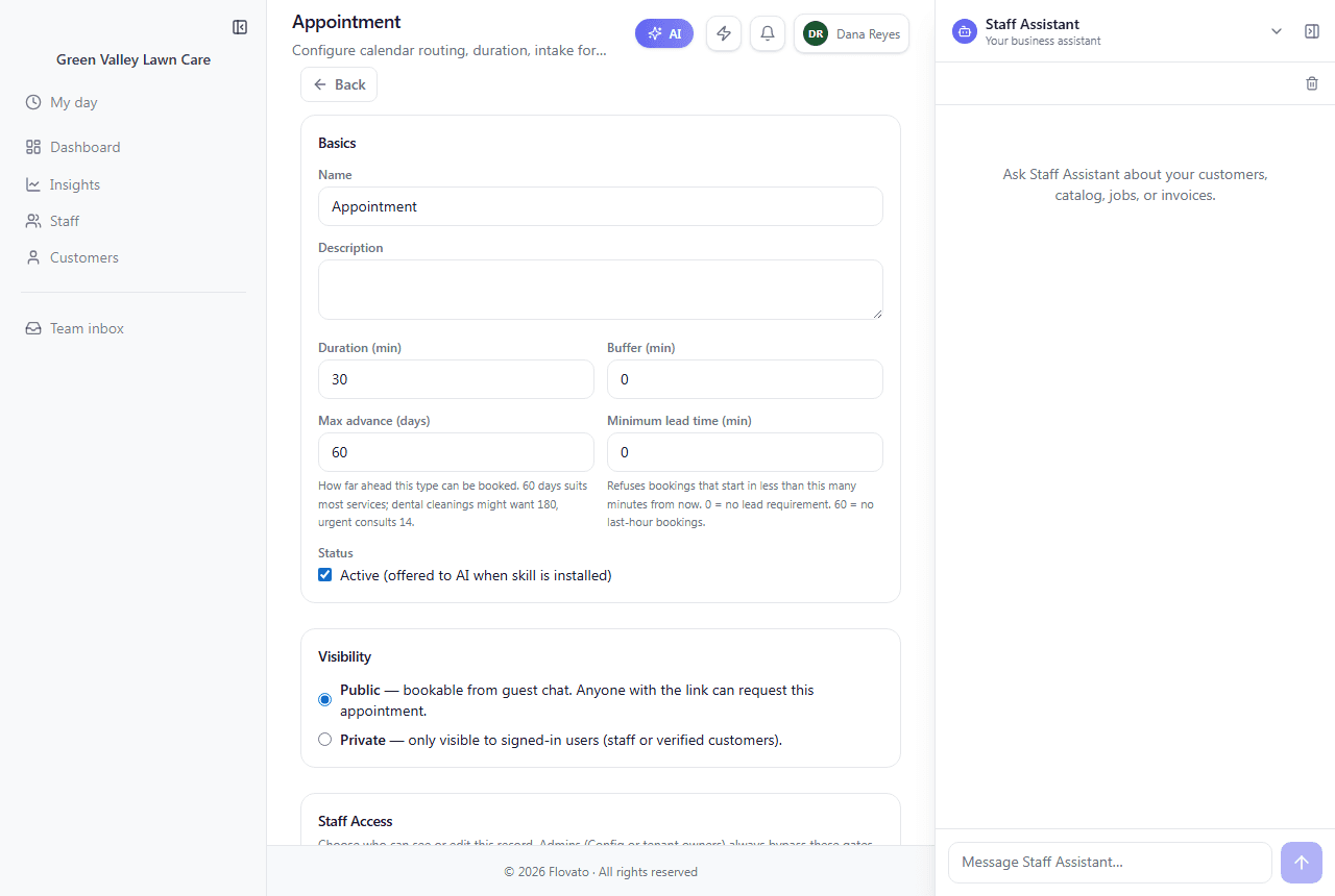 The Appointment visit type settings: name, duration, buffer, max advance, minimum lead time, and Public visibility selected