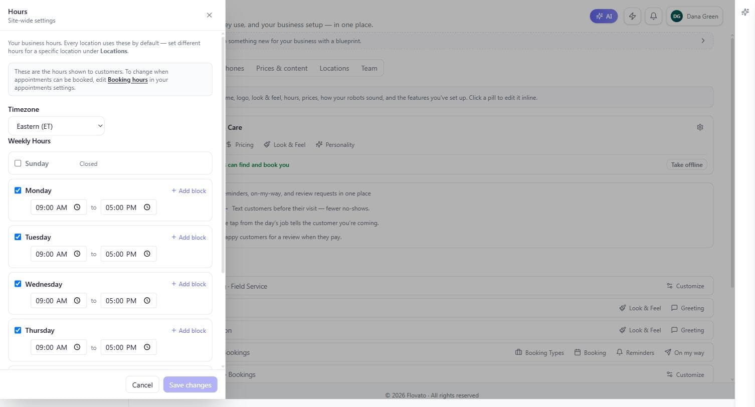 The Hours editor showing the timezone selector and weekly hours with per-day checkboxes and Add block links for split shifts