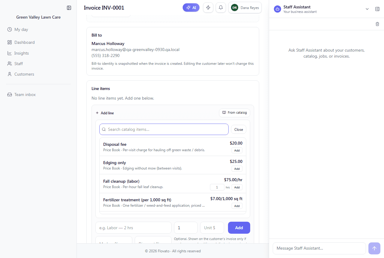 The From catalog search on a draft invoice listing price-book items — disposal fee, edging, fall cleanup per hour, fertilizer per 1,000 sq ft — each with an Add button