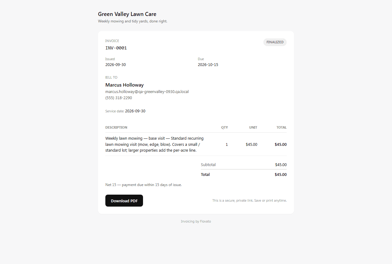 The customer-facing invoice page with Green Valley branding, INV-0001, the $45 weekly mowing line, the total, Net 15 terms and a Download PDF button