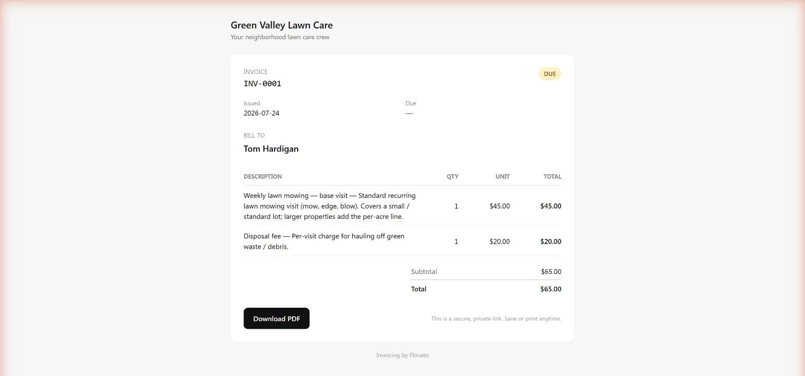 The customer-facing public invoice page with Green Valley branding, line items, the $65 total, a DUE badge, and a Download PDF button
