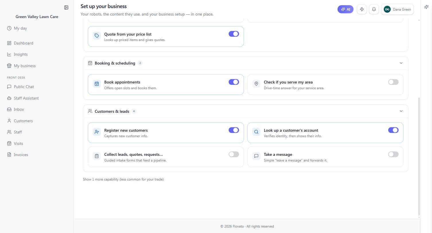 The Robots tab's Booking & scheduling and Customers & leads capability groups with their toggles, and the show-more-capabilities link