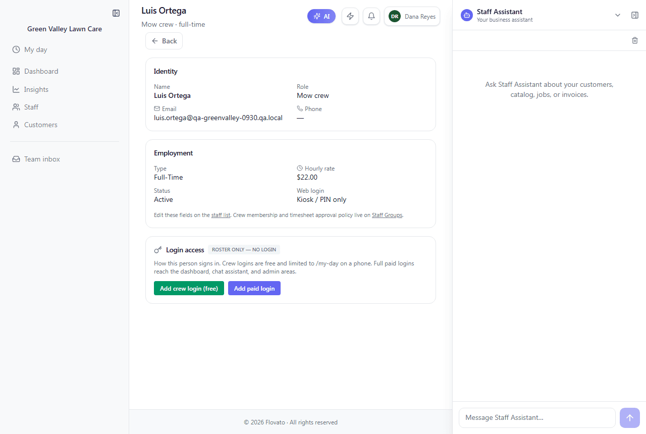 A staff member's detail page showing Roster only — no login, with Add crew login (free) and Add paid login buttons