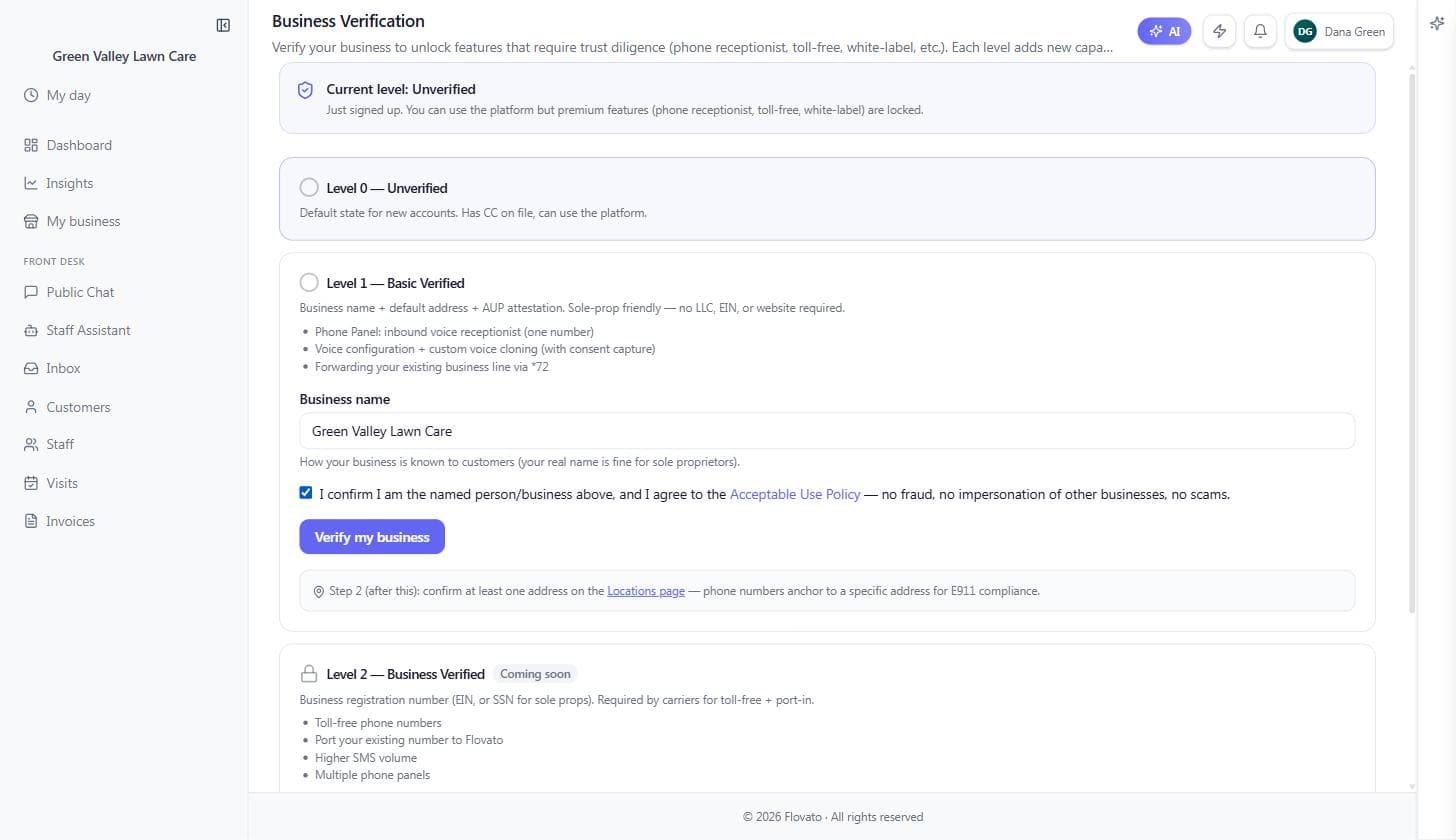 The Business Verification page with the Level 1 form: business name Green Valley Lawn Care, the Acceptable Use Policy checkbox ticked, and the Verify my business button