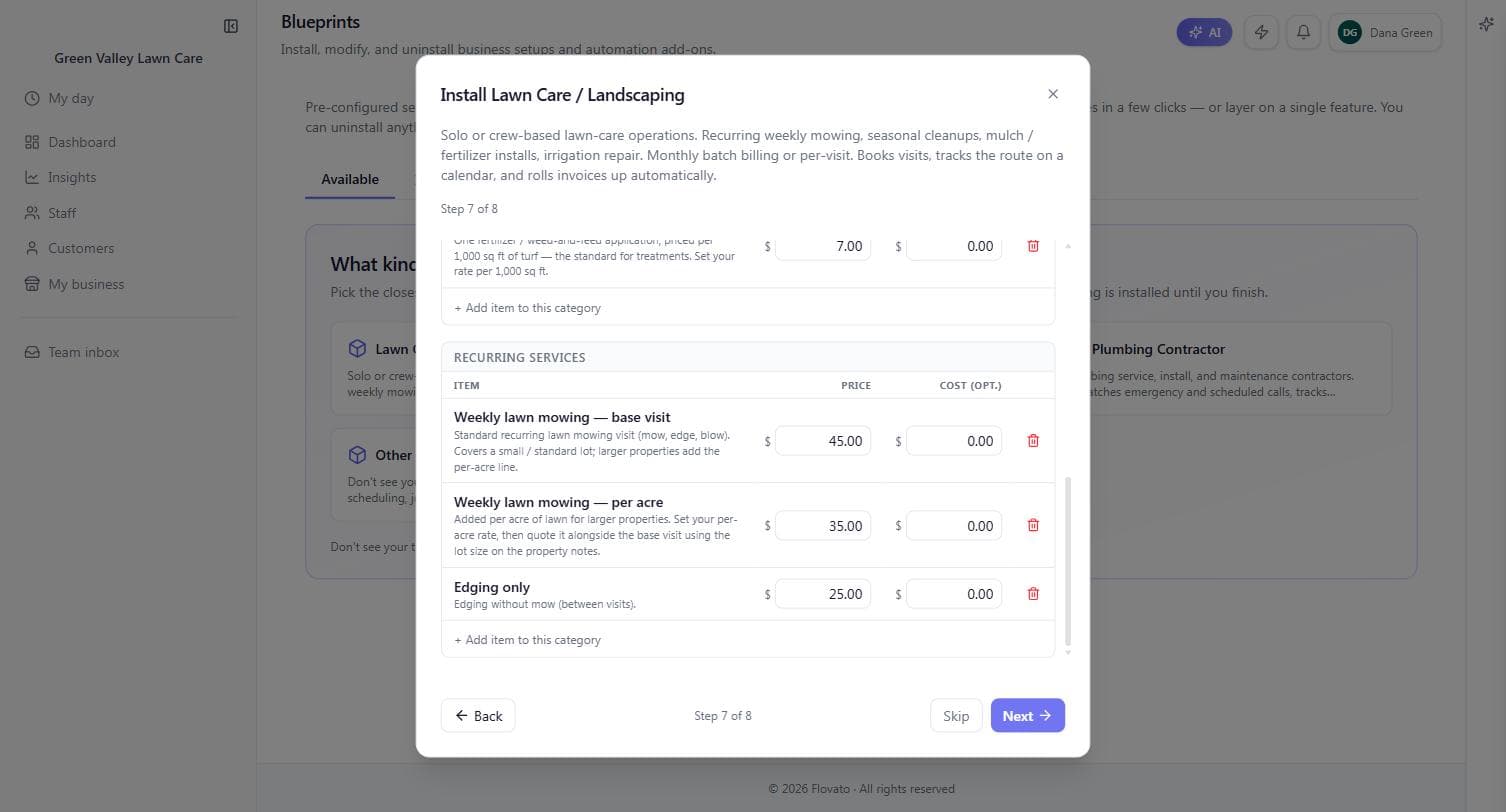 Wizard step 7 of 8, the pricing book's recurring services: weekly lawn mowing base visit at $45, per-acre at $35, and edging at $25